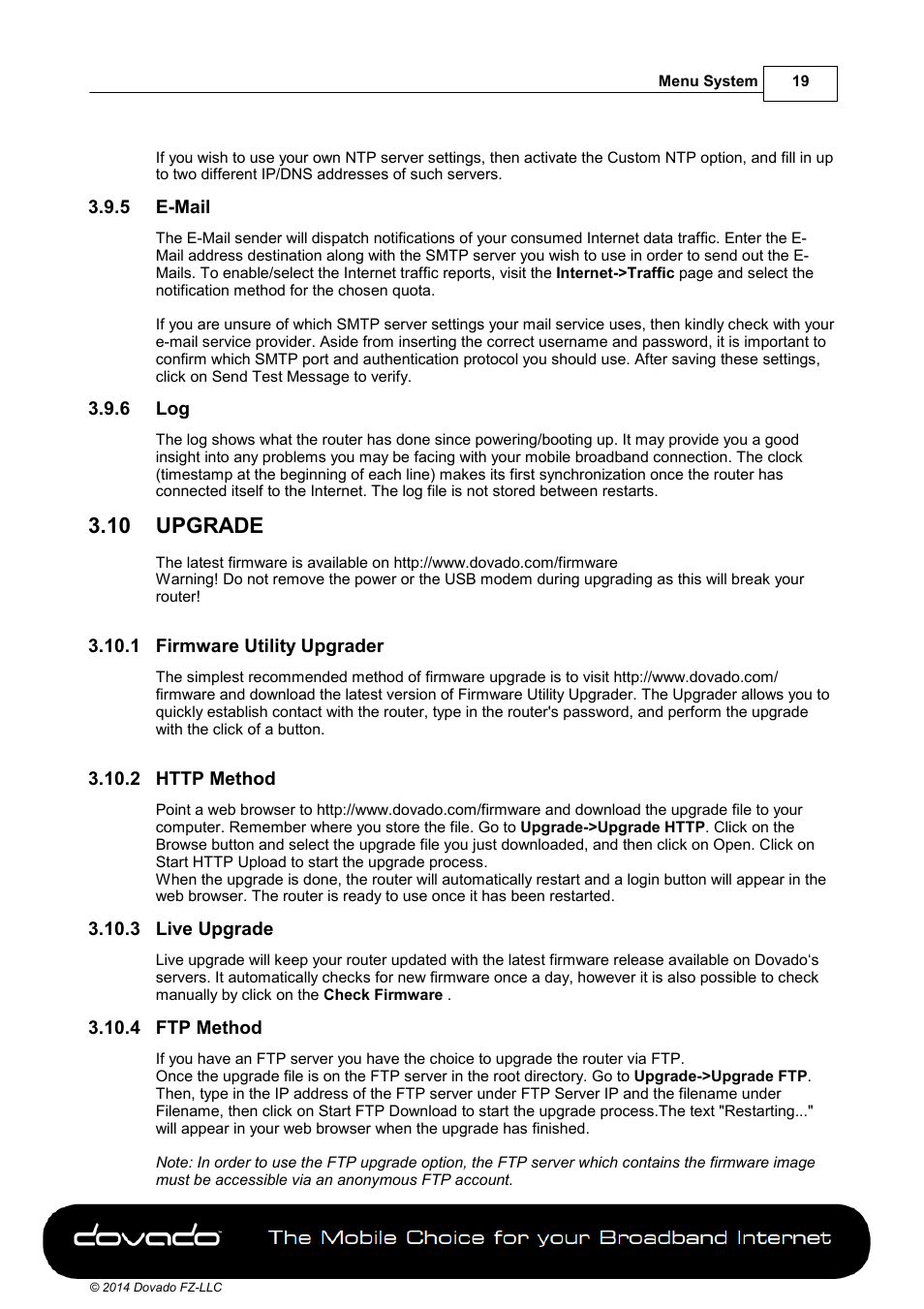 5 e-mail, 6 log, 10 upgrade | 1 firmware utility upgrader, 2 http method, 3 live upgrade, 4 ftp method, Upgrade | Dovado GO User Manual | Page 19 / 46