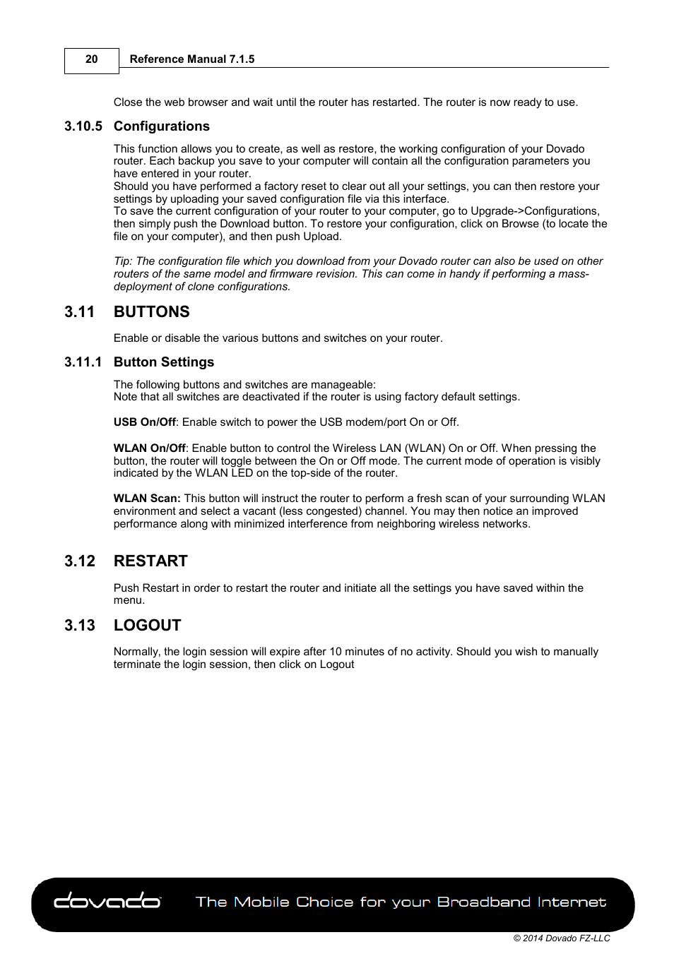 5 configurations, 11 buttons, 1 button settings | 12 restart, 13 logout, Buttons, Restart, Logout | Dovado GO User Manual | Page 20 / 46