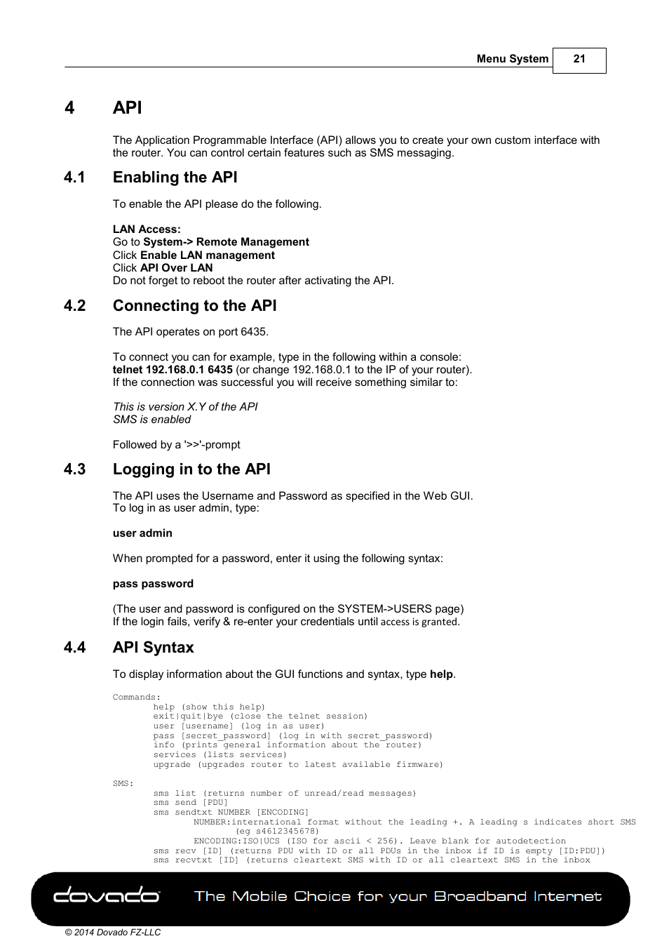 4 api, 1 enabling the api, 2 connecting to the api | 3 logging in to the api, 4 api syntax, Part 4, Enabling the api, Connecting to the api, Logging in to the api, Api syntax | Dovado GO User Manual | Page 21 / 46