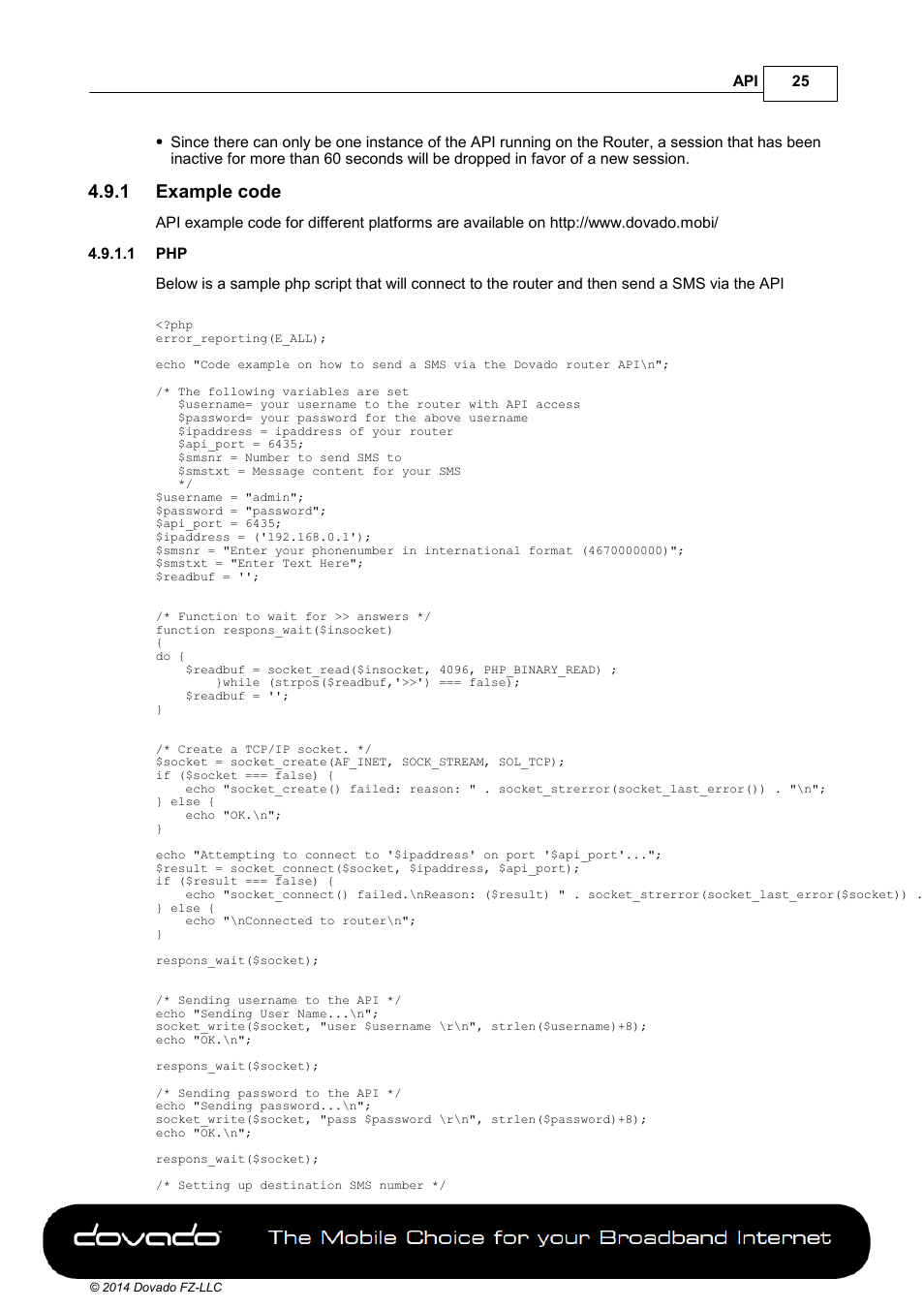 1 example code, 1 php | Dovado GO User Manual | Page 25 / 46