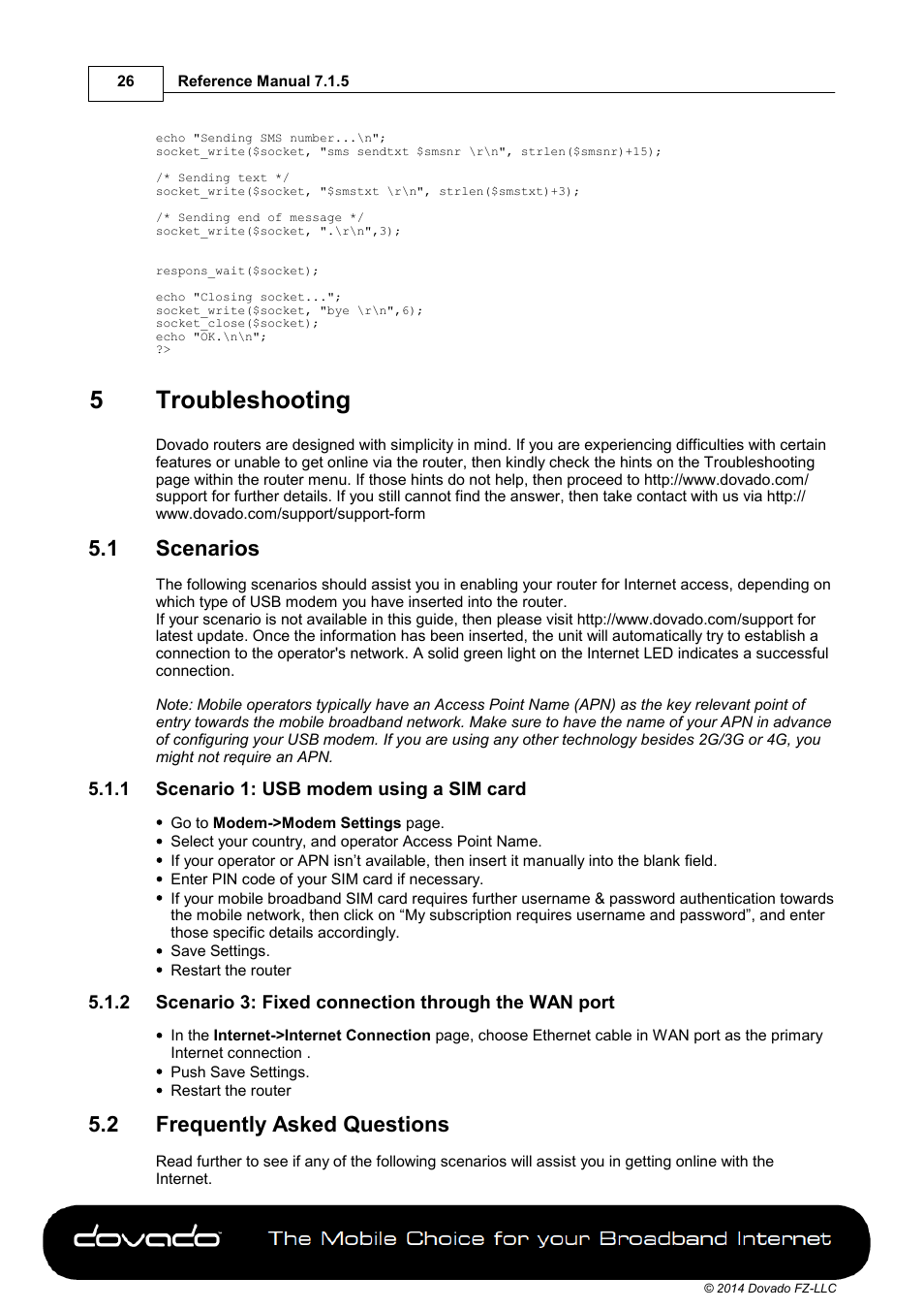 5 troubleshooting, 1 scenarios, 1 scenario 1: usb modem using a sim card | 2 frequently asked questions, Part 5, Troubleshooting, Scenarios, Frequently asked questions, 5troubleshooting | Dovado GO User Manual | Page 26 / 46