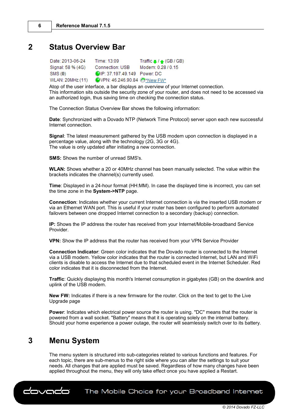 2 status overview bar, 3 menu system, Part 2 | Status overview bar, Part 3, Menu system, 2status overview bar, 3menu system | Dovado GO User Manual | Page 6 / 46