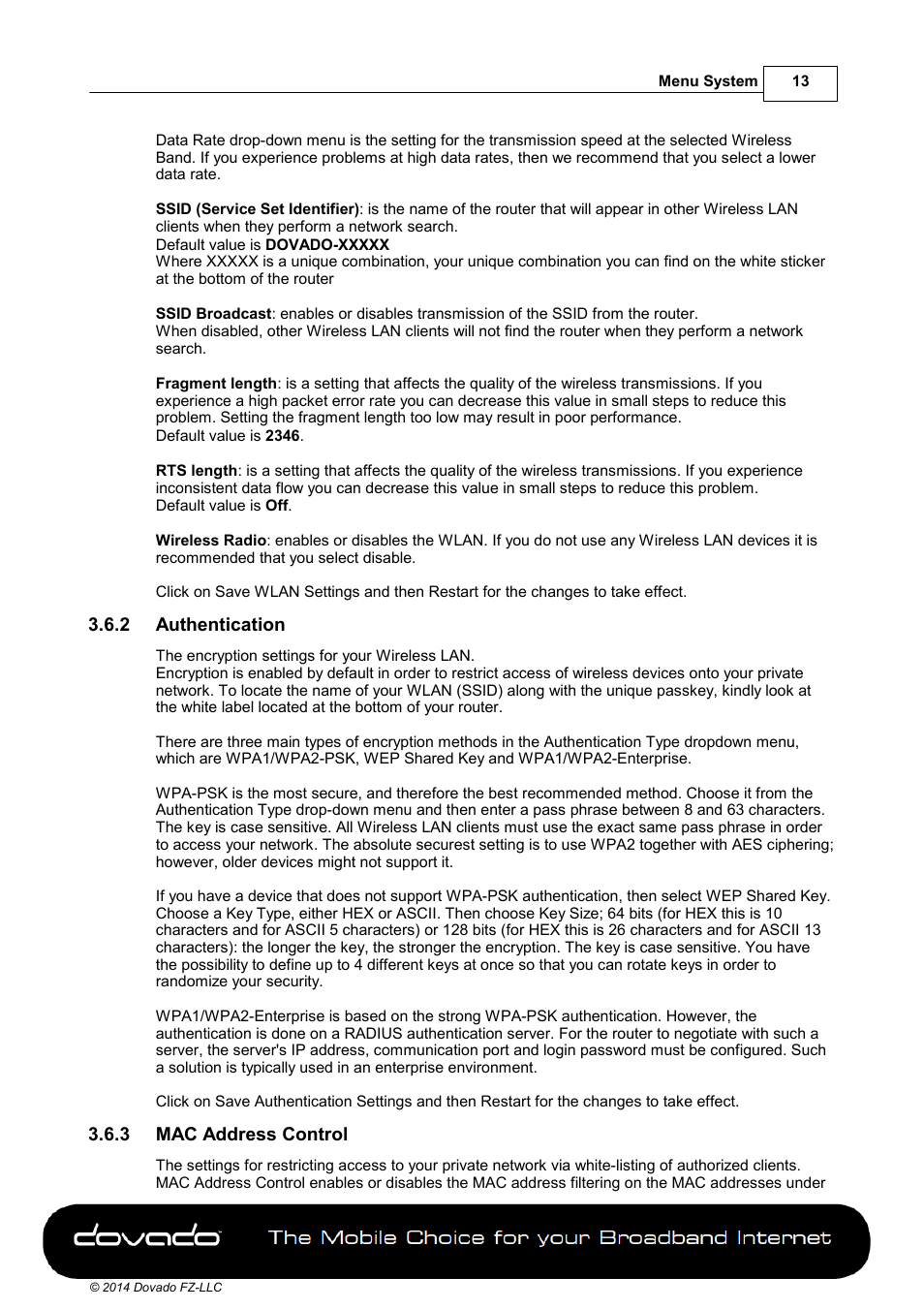 2 authentication, 3 mac address control | Dovado DOMA User Manual | Page 13 / 46
