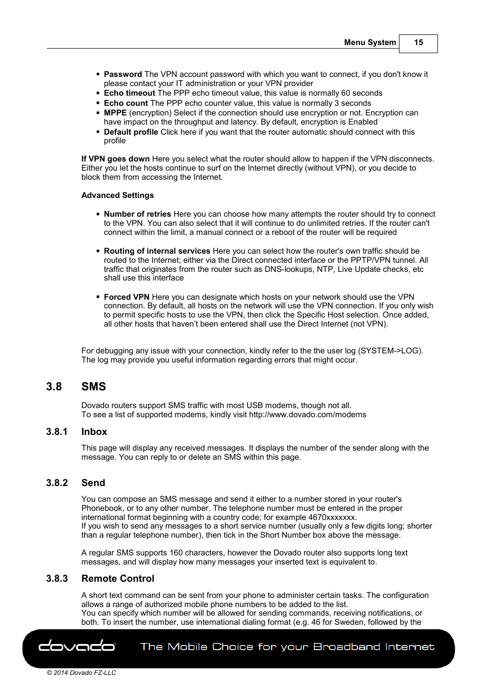 8 sms, 1 inbox, 2 send | 3 remote control | Dovado DOMA User Manual | Page 15 / 46
