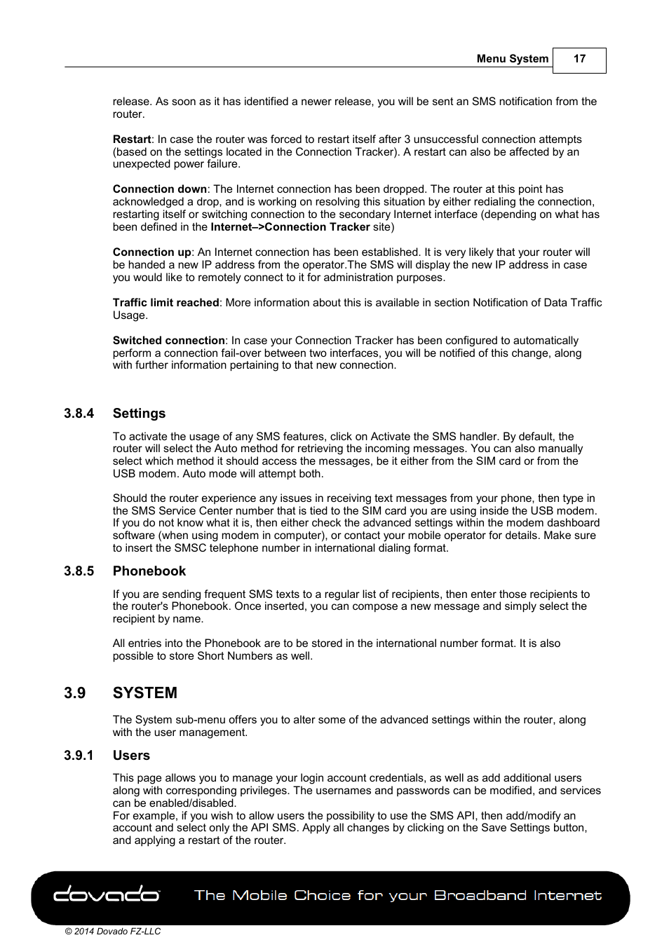 4 settings, 5 phonebook, 9 system | 1 users, System | Dovado DOMA User Manual | Page 17 / 46