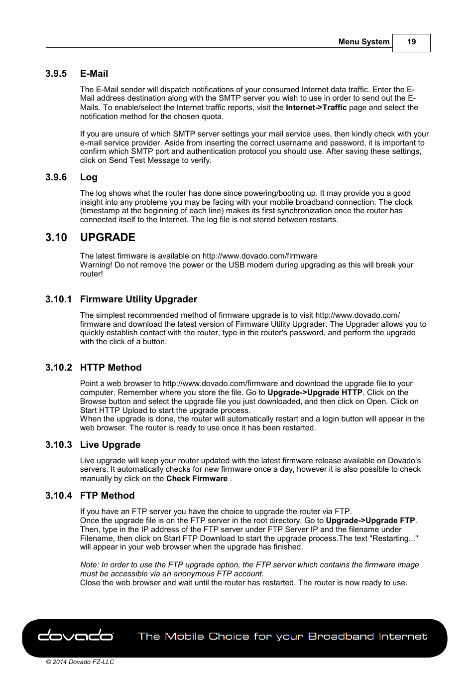 5 e-mail, 6 log, 10 upgrade | 1 firmware utility upgrader, 2 http method, 3 live upgrade, 4 ftp method, Upgrade | Dovado DOMA User Manual | Page 19 / 46