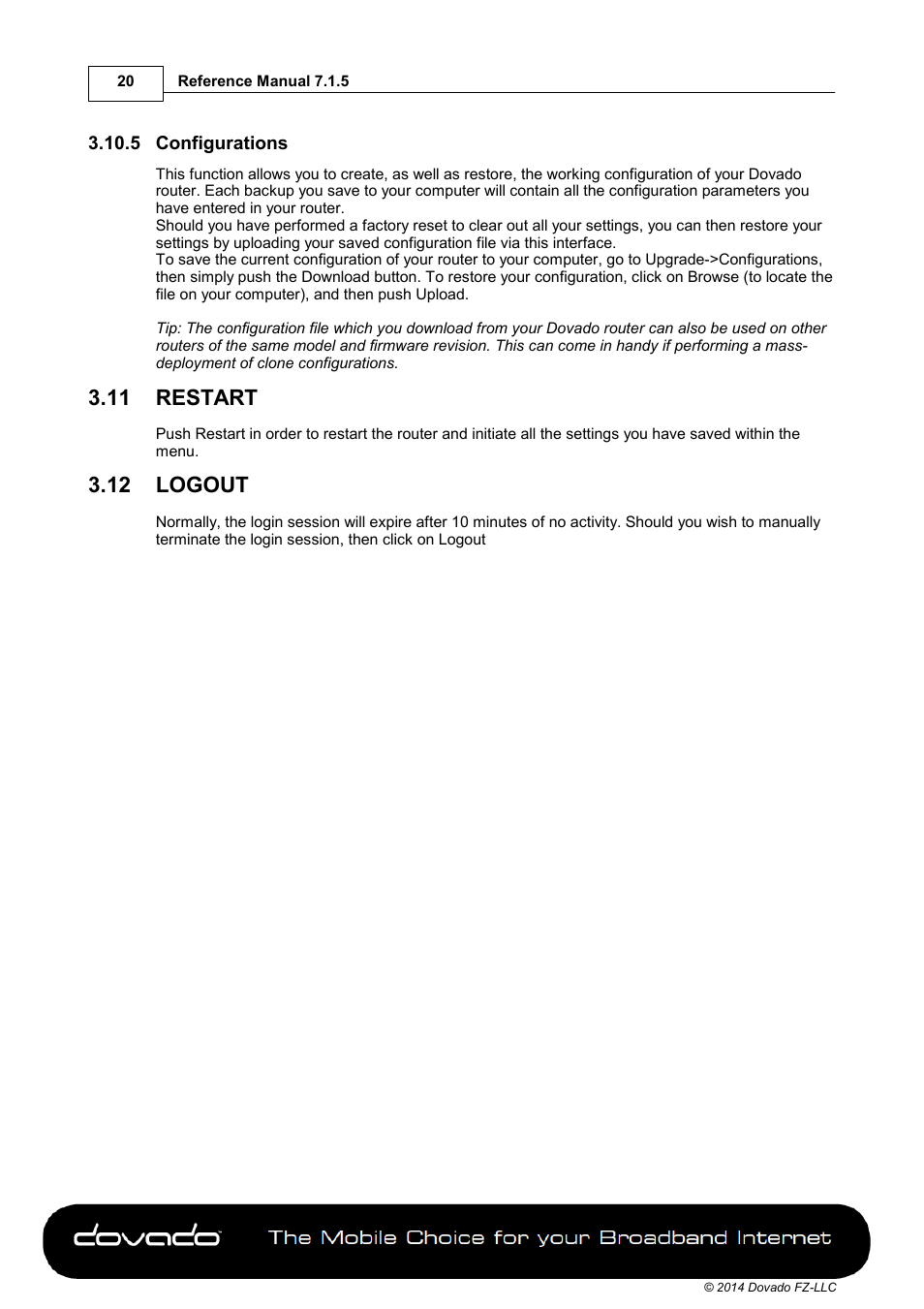 5 configurations, 11 restart, 12 logout | Restart, Logout | Dovado DOMA User Manual | Page 20 / 46