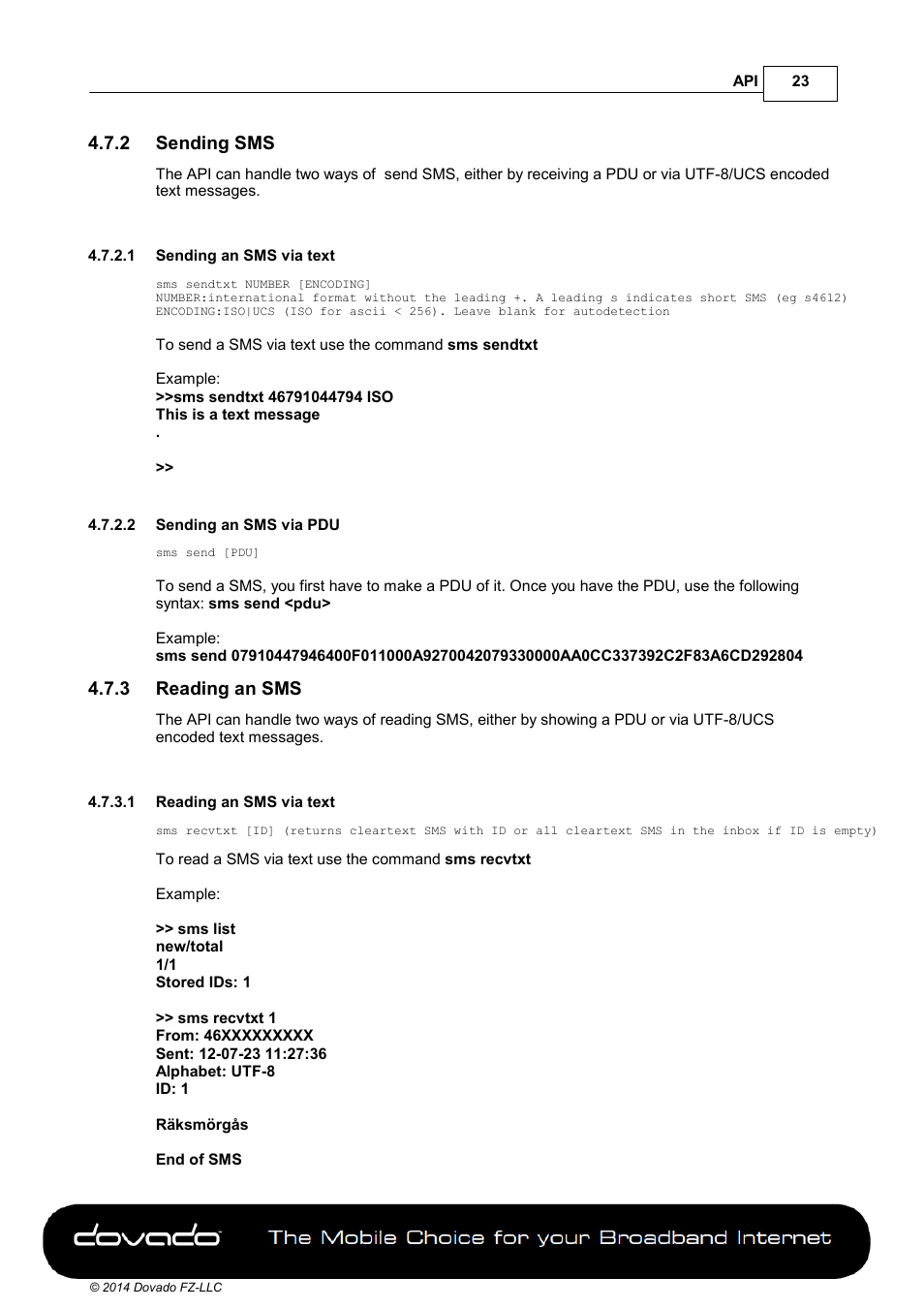 2 sending sms, 1 sending an sms via text, 2 sending an sms via pdu | 3 reading an sms, 1 reading an sms via text | Dovado DOMA User Manual | Page 23 / 46
