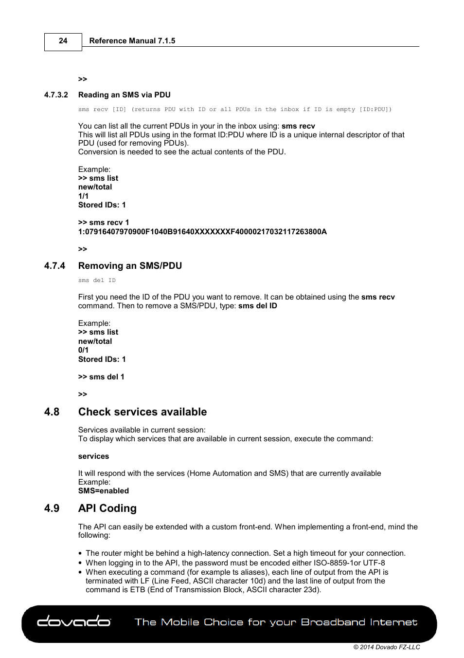 2 reading an sms via pdu, 4 removing an sms/pdu, 8 check services available | 9 api coding, Check services available, Api coding | Dovado DOMA User Manual | Page 24 / 46