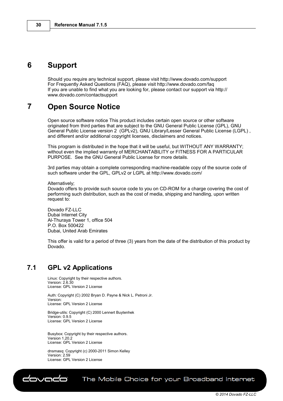 6 support, 7 open source notice, 1 gpl v2 applications | Part 6, Support, Part 7, Open source notice, Gpl v2 applications, 6support, 7open source notice | Dovado DOMA User Manual | Page 30 / 46