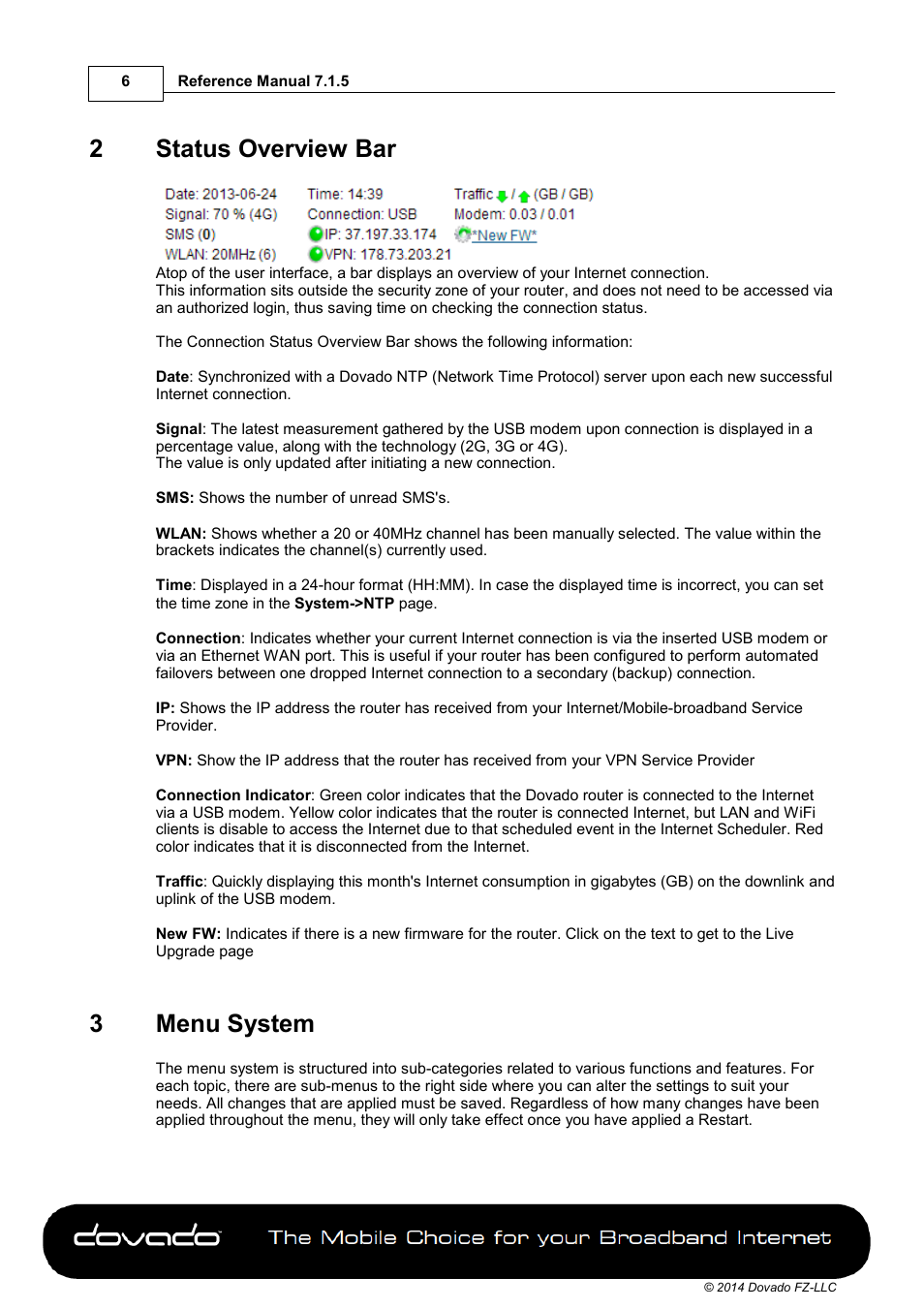 2 status overview bar, 3 menu system, Part 2 | Status overview bar, Part 3, Menu system, 2status overview bar, 3menu system | Dovado DOMA User Manual | Page 6 / 46
