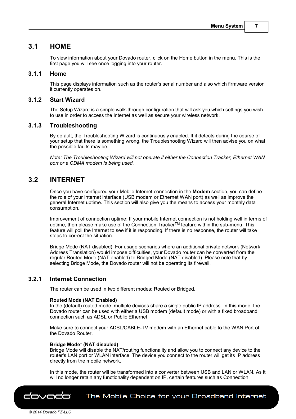 1 home, 2 start wizard, 3 troubleshooting | 2 internet, 1 internet connection, Home, Internet | Dovado DOMA User Manual | Page 7 / 46