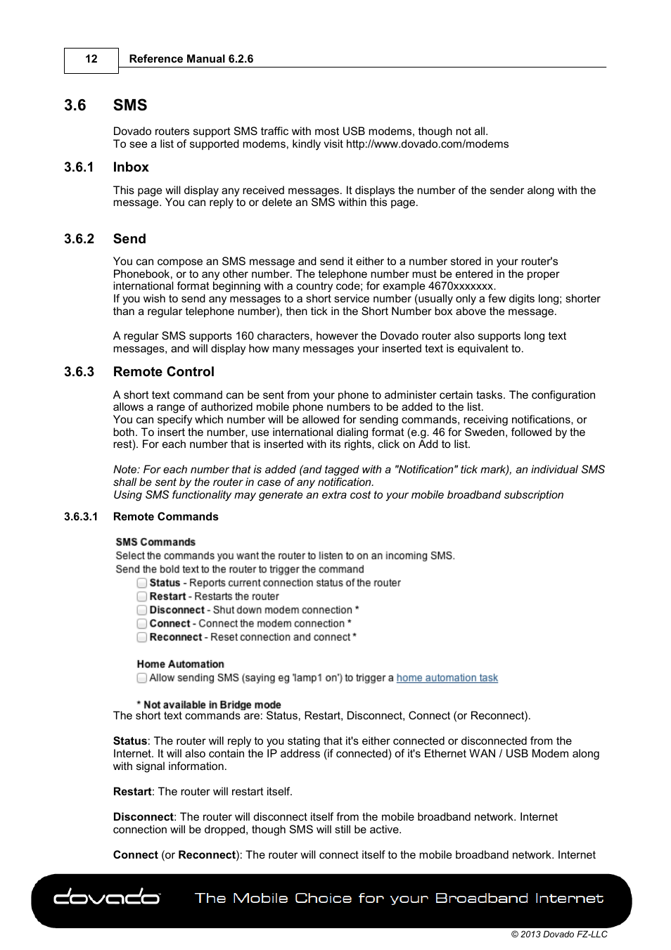 6 sms, 1 inbox, 2 send | 3 remote control, 1 remote commands | Dovado 4GR User Manual | Page 12 / 31
