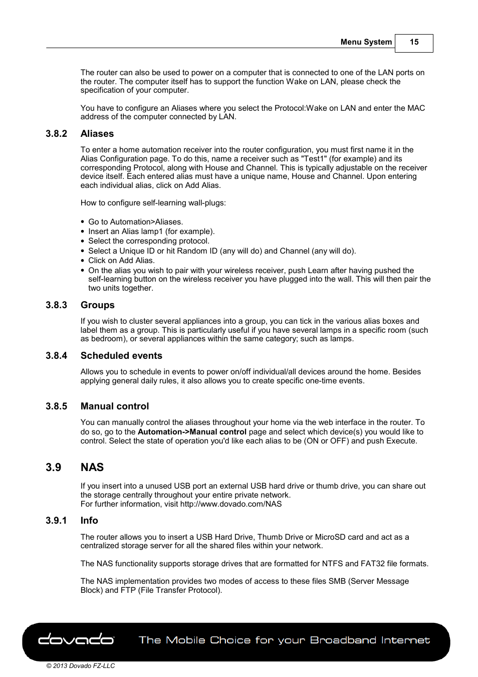 2 aliases, 3 groups, 4 scheduled events | 5 manual control, 9 nas, 1 info | Dovado 4GR User Manual | Page 15 / 31