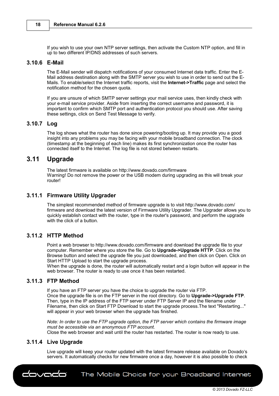 6 e-mail, 7 log, 11 upgrade | 1 firmware utility upgrader, 2 http method, 3 ftp method, 4 live upgrade, Upgrade | Dovado 4GR User Manual | Page 18 / 31