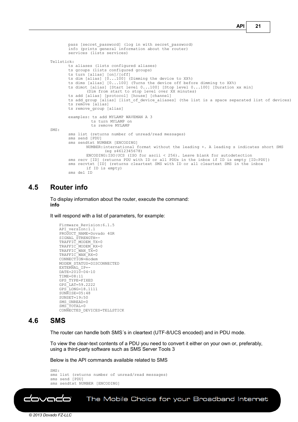 5 router info, 6 sms, Router info | Dovado 4GR User Manual | Page 21 / 31
