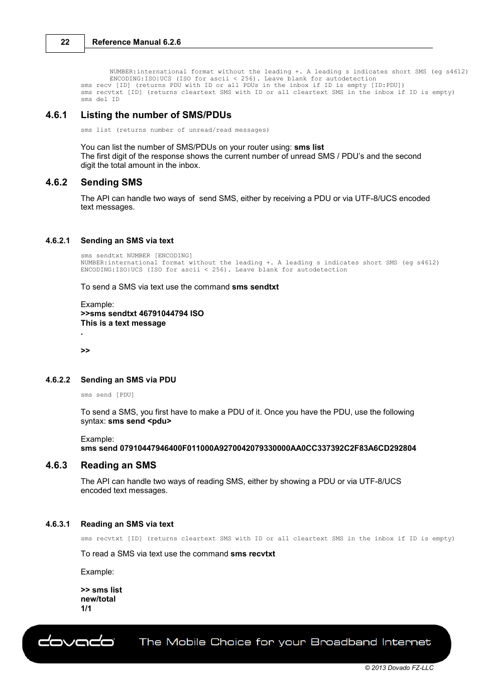 1 listing the number of sms/pdus, 2 sending sms, 1 sending an sms via text | 2 sending an sms via pdu, 3 reading an sms, 1 reading an sms via text | Dovado 4GR User Manual | Page 22 / 31