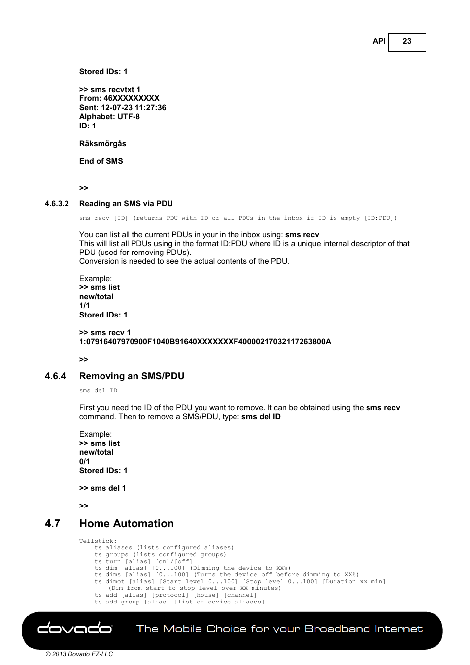 2 reading an sms via pdu, 4 removing an sms/pdu, 7 home automation | Home automation | Dovado 4GR User Manual | Page 23 / 31