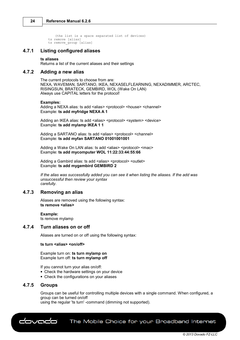 1 listing configured aliases, 2 adding a new alias, 3 removing an alias | 4 turn aliases on or off, 5 groups | Dovado 4GR User Manual | Page 24 / 31