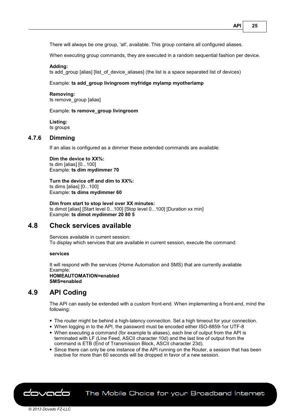 6 dimming, 8 check services available, 9 api coding | Check services available, Api coding | Dovado 4GR User Manual | Page 25 / 31