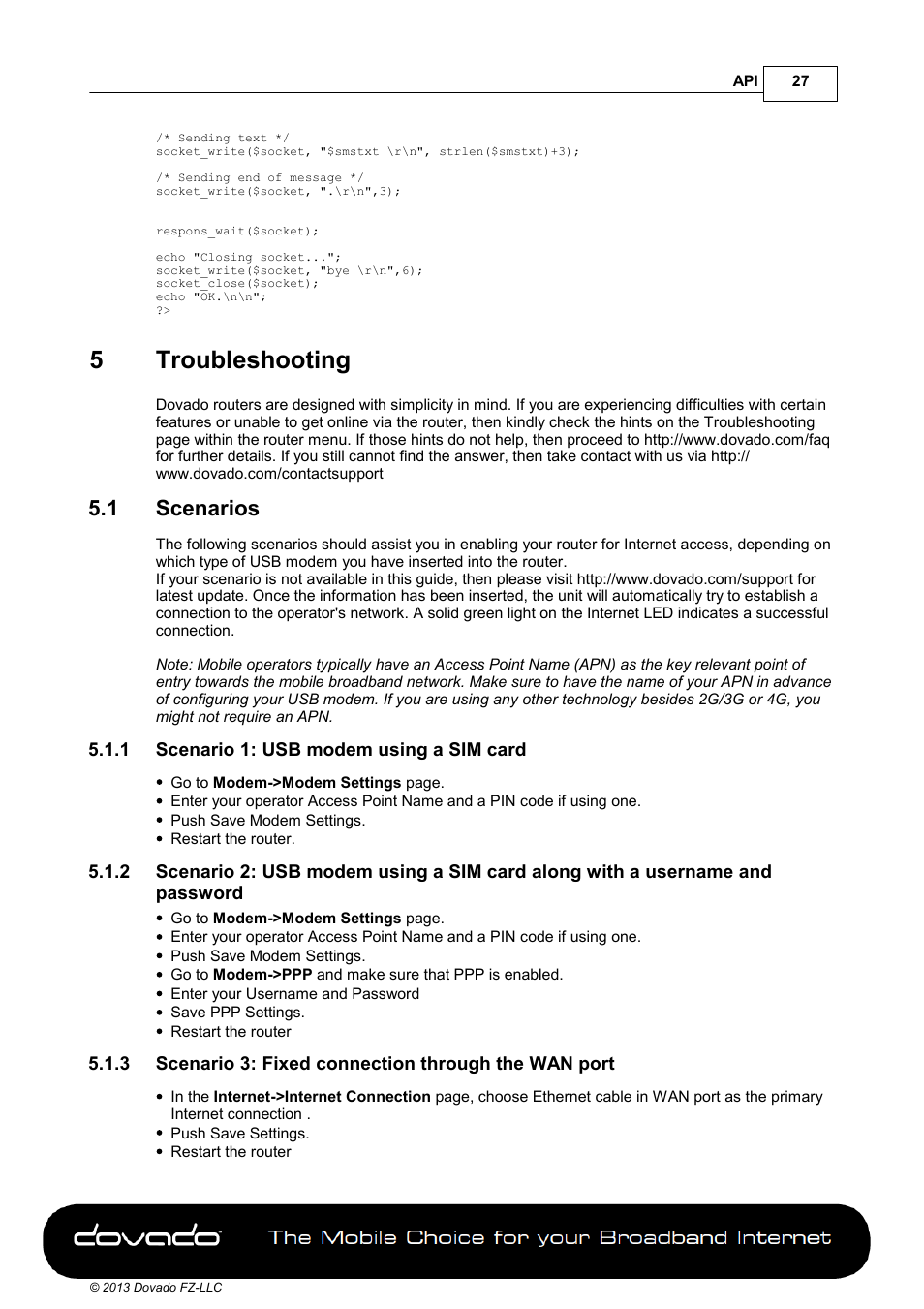 5 troubleshooting, 1 scenarios, 1 scenario 1: usb modem using a sim card | Part 5, Troubleshooting, Scenarios, 5troubleshooting | Dovado 4GR User Manual | Page 27 / 31