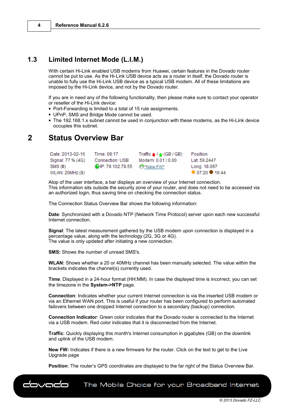 3 limited internet mode (l.i.m.), 2 status overview bar, Limited internet mode (l.i.m.) | Part 2, Status overview bar, 2status overview bar | Dovado 4GR User Manual | Page 4 / 31