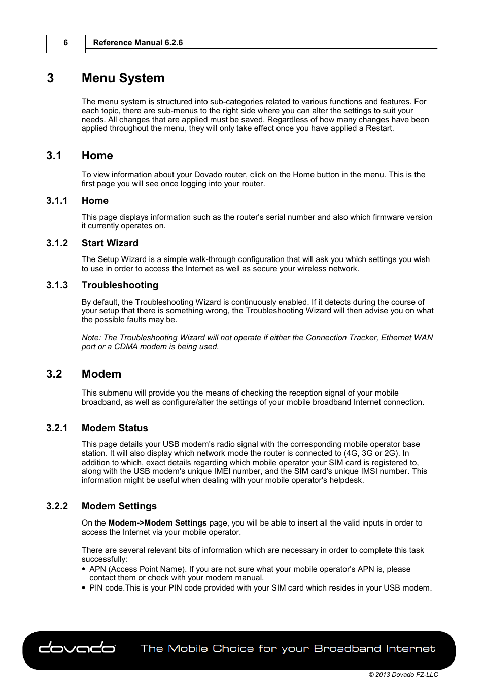 3 menu system, 1 home, 2 start wizard | 3 troubleshooting, 2 modem, 1 modem status, 2 modem settings, Part 3, Menu system, Home | Dovado 4GR User Manual | Page 6 / 31