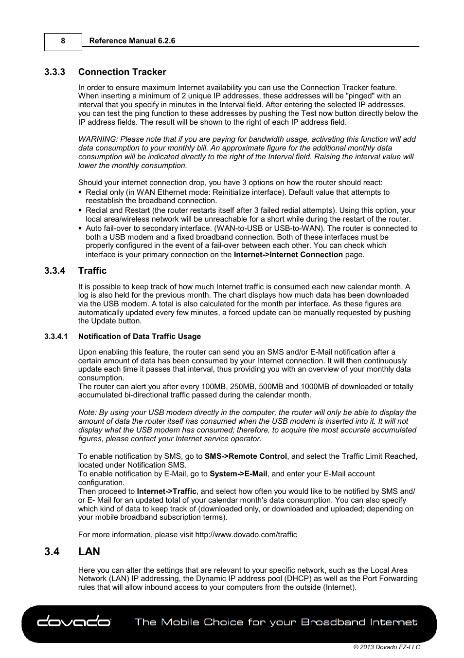 3 connection tracker, 4 traffic, 1 notification of data traffic usage | 4 lan | Dovado 4GR User Manual | Page 8 / 31