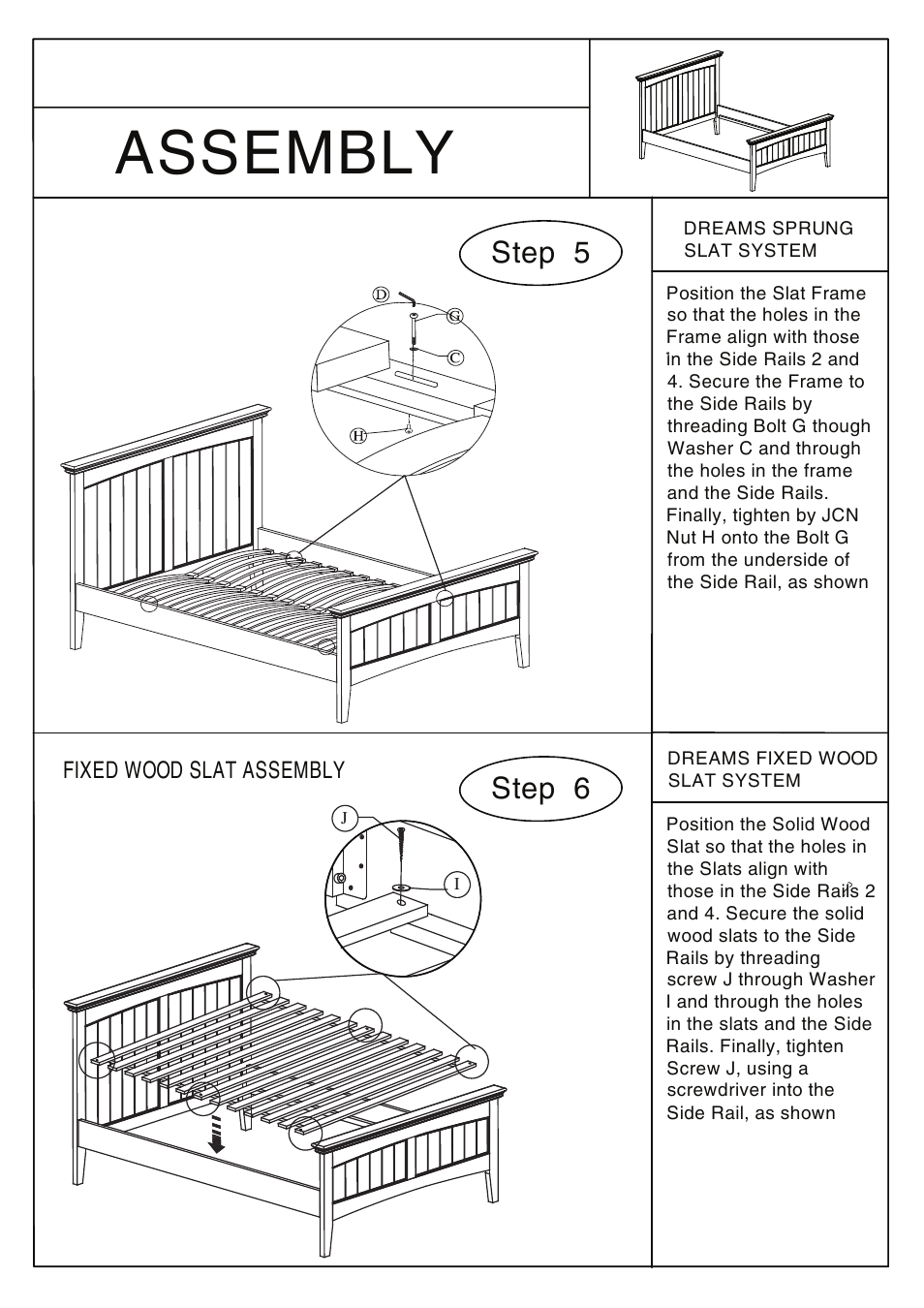 Assembly, Step 5 step 6, Fixed wood slat assembly | Dreams Pippa Bedstead User Manual | Page 6 / 6