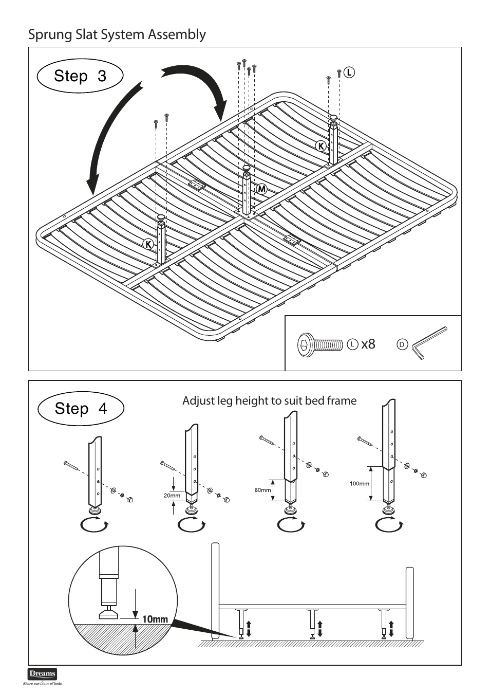 Step 3 step 4, Sprung slat system assembly | Dreams Cambridge Double Bedstead User Manual | Page 5 / 6