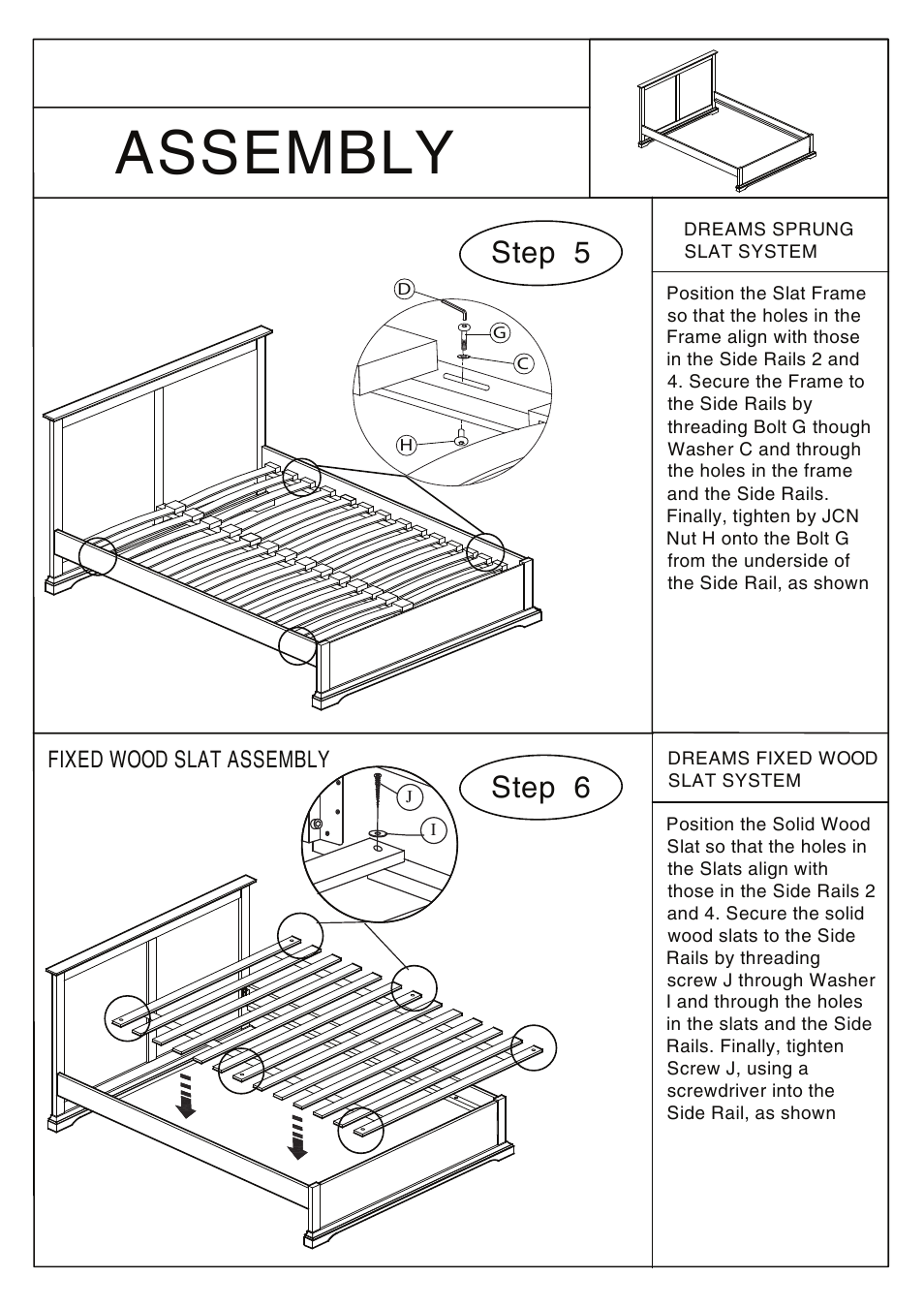 Assembly, Step 5 step 6, Fixed wood slat assembly | Dreams Cambridge Double Bedstead User Manual | Page 6 / 6