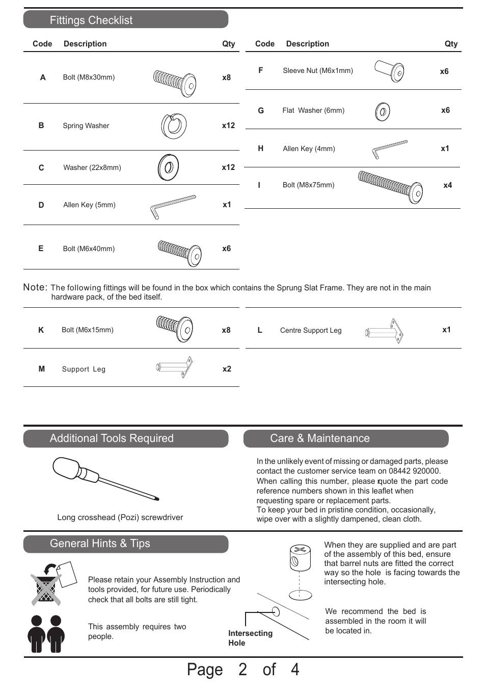 2 draft ai master for angel bedstead 30.07.13, Page 2 of 4, Fittings checklist | Additional tools required, General hints & tips, Care & maintenance | Dreams Angel Bedstead User Manual | Page 2 / 4