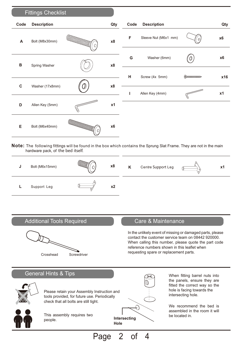 Page 2 of 4, Fittings checklist, Additional tools required | General hints & tips, Care & maintenance | Dreams Messina Bedstead User Manual | Page 2 / 4