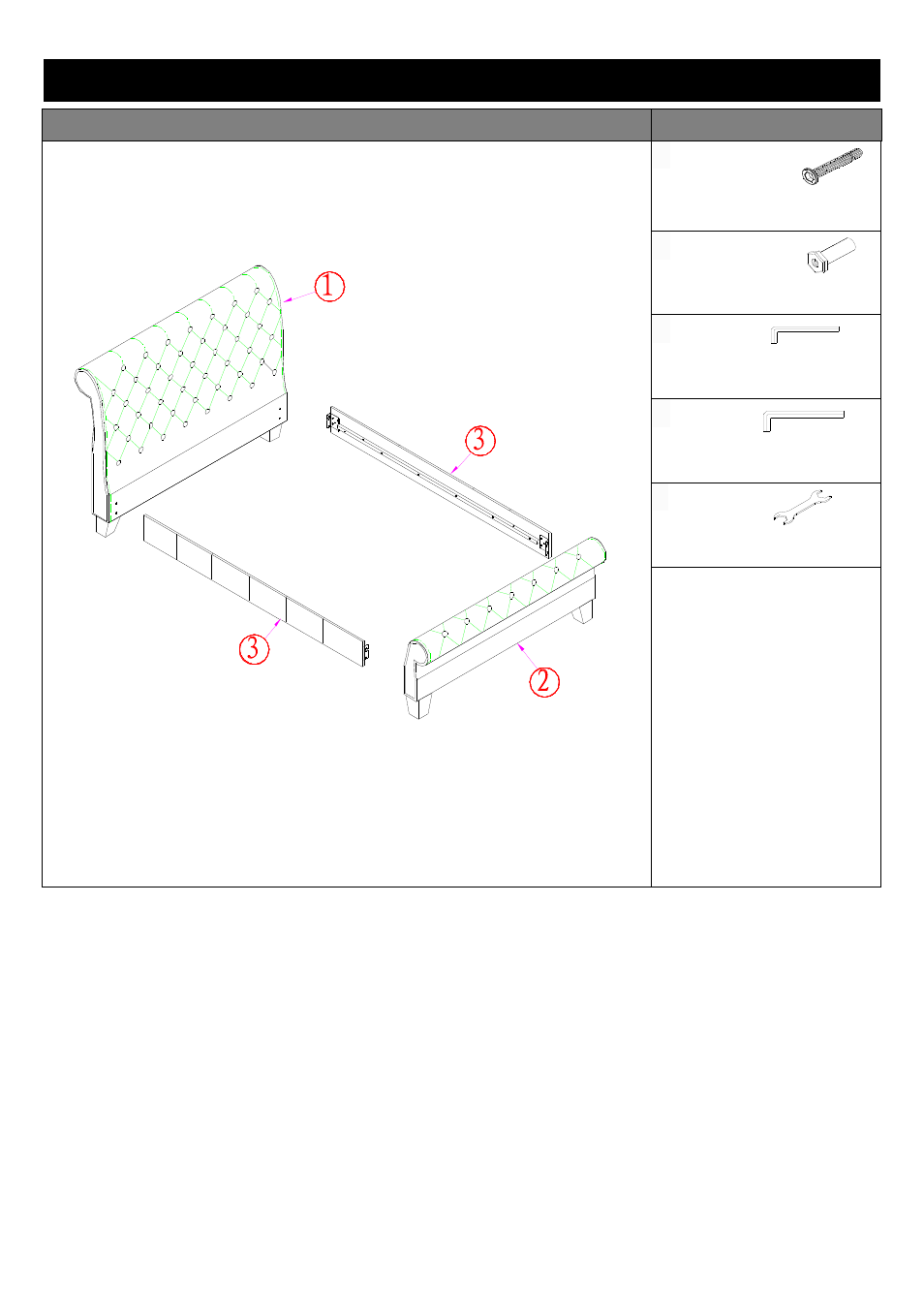 Component parts and fittings contained in the box, Parts fittings | Dreams Como Bedstead User Manual | Page 2 / 5