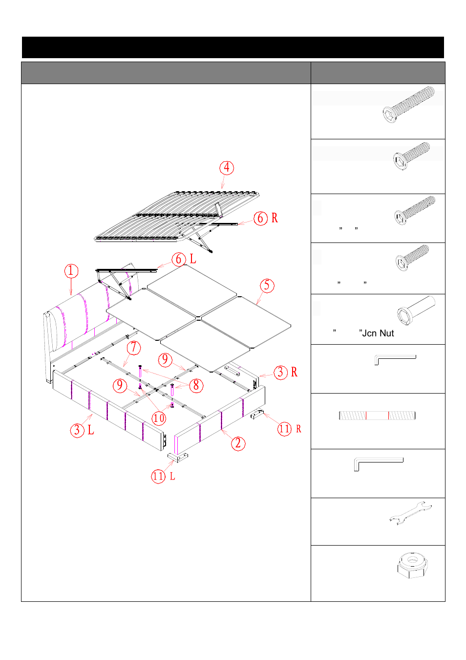 Component parts and fittings contained in the box, Parts fittings | Dreams Rimini Ottoman Bedstead User Manual | Page 2 / 6