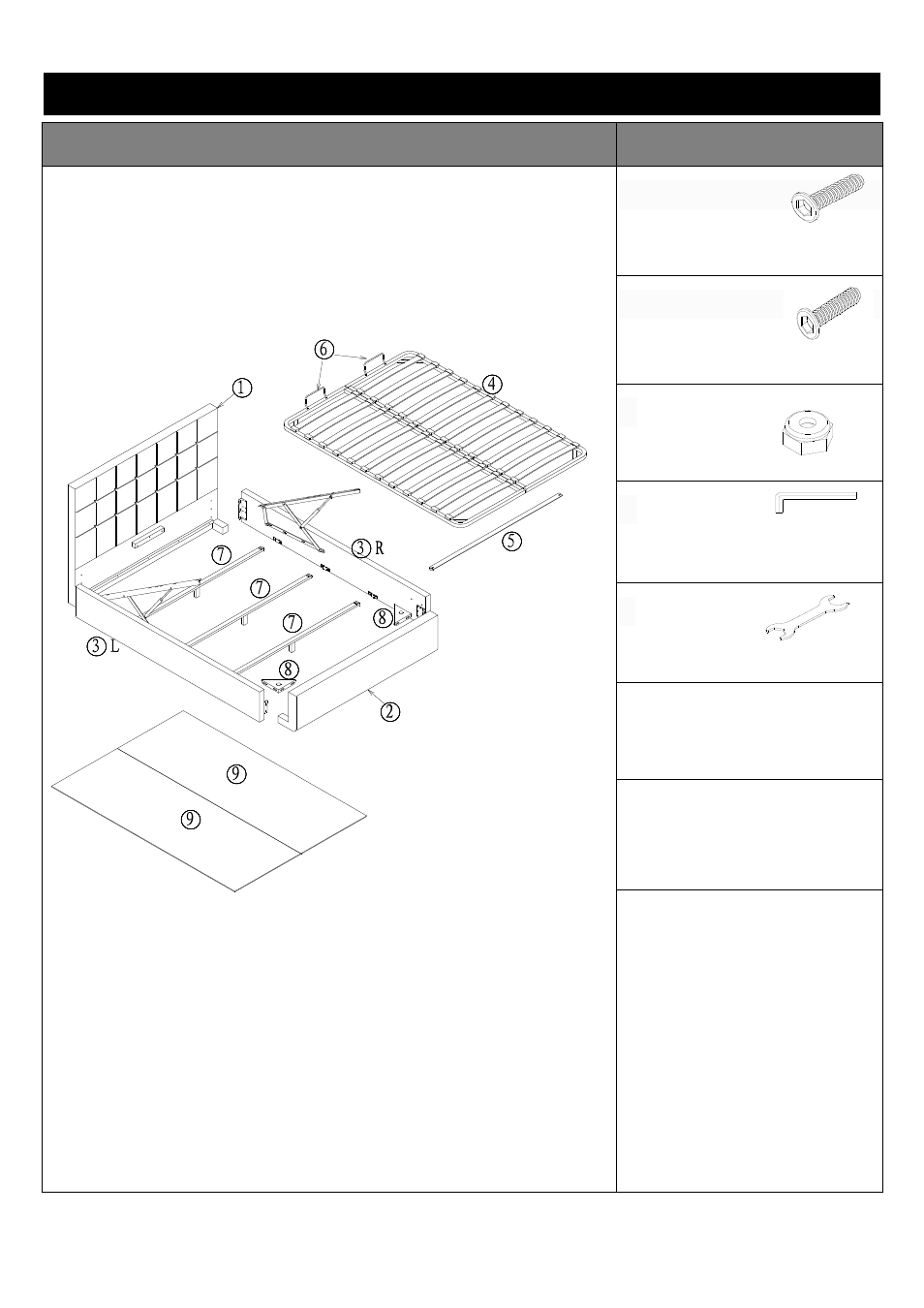 Component parts and fittings contained in the box, Parts fittings | Dreams Toronto Ottoman Bedstead User Manual | Page 2 / 5