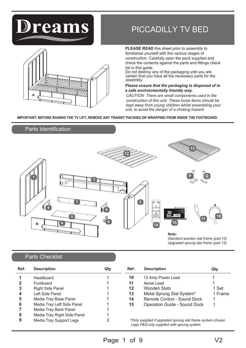 Dreams Piccadilly TV Bed User Manual | 9 pages