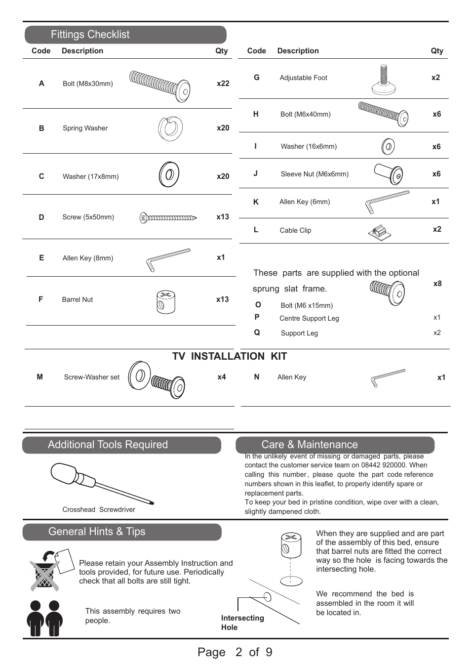 Page 2 of 9, Fittings checklist, Additional tools required | General hints & tips, Care & maintenance, Tv installation kit | Dreams Piccadilly TV Bed User Manual | Page 2 / 9