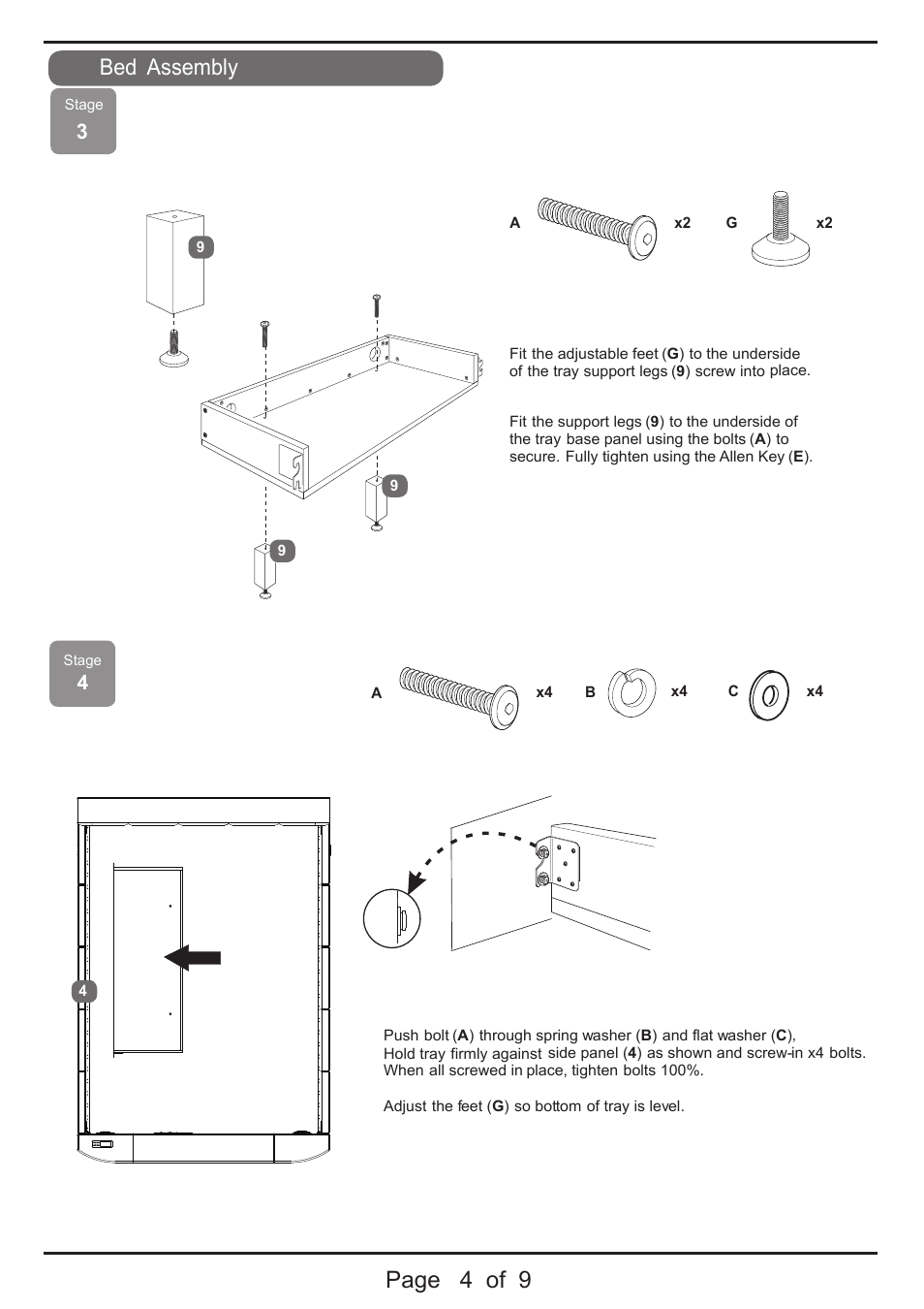 Page 4 of 9, Assembly, Bed assembly continued | Dreams Piccadilly TV Bed User Manual | Page 4 / 9