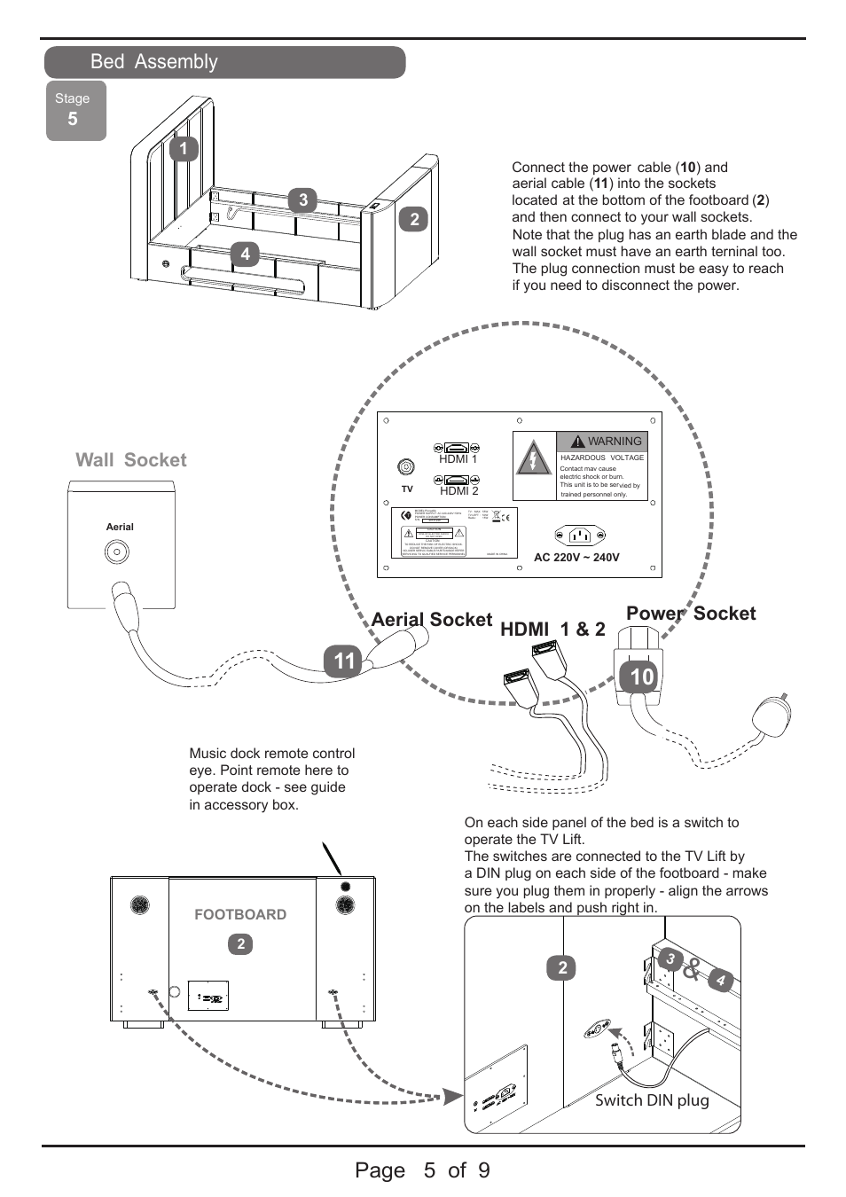 Page 5 of 9, Bed assembly, Wall socket | Aerial socket hdmi 1 & 2, Power socket, Switch din plug | Dreams Piccadilly TV Bed User Manual | Page 5 / 9