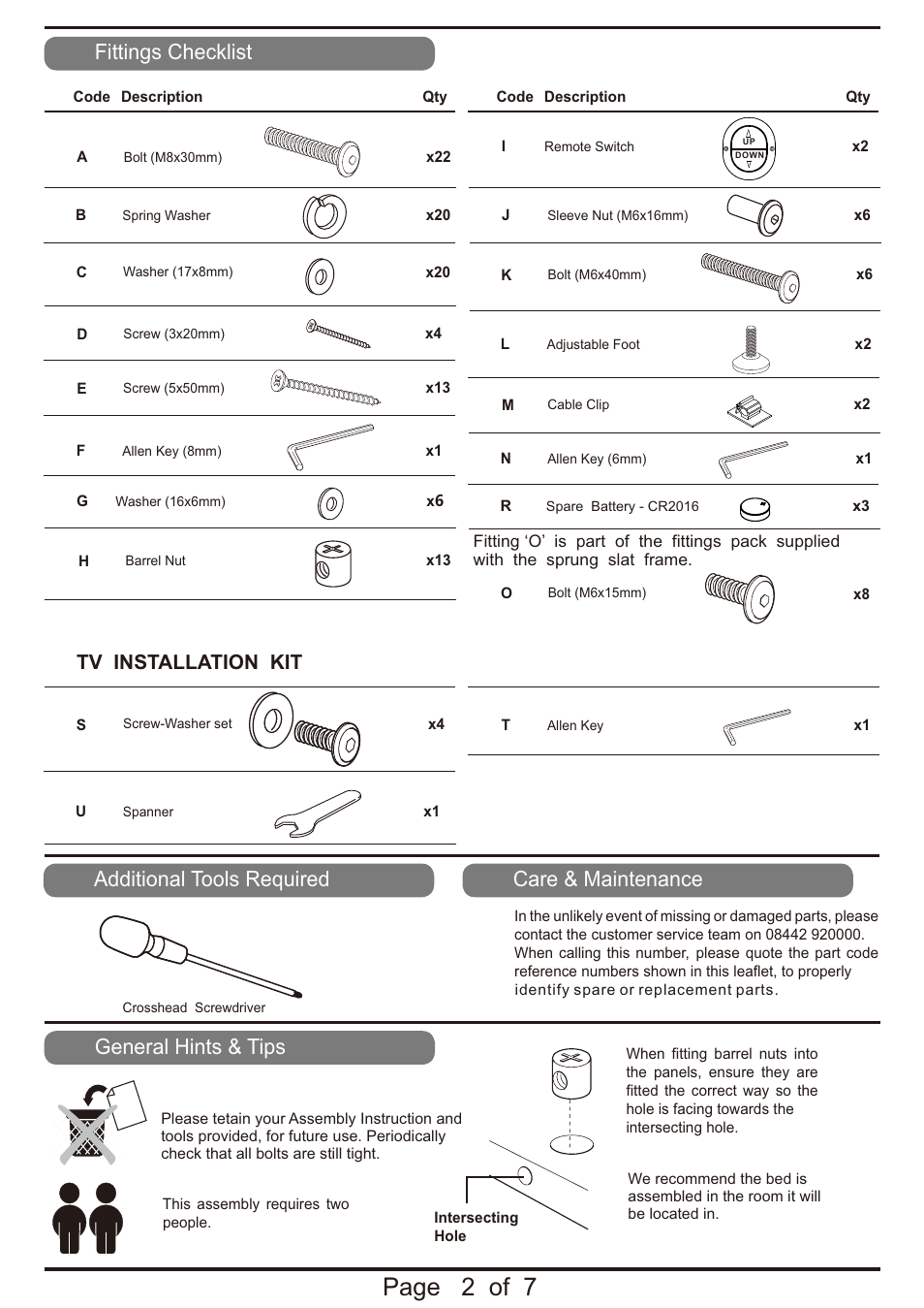 Page 2 of 7, Fittings checklist, Additional tools required | General hints & tips, Care & maintenance, Tv installation kit | Dreams Barcelona TV Bed User Manual | Page 2 / 7