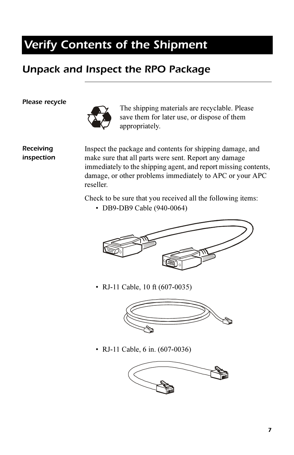 Verify contents of the shipment, Unpack and inspect the rpo package, Please recycle | Receiving inspection, Verify contents of the shipment 7, Receiving inspection 7 | APC REMOTE POWER-OFF DEVICE AP9830 User Manual | Page 10 / 31