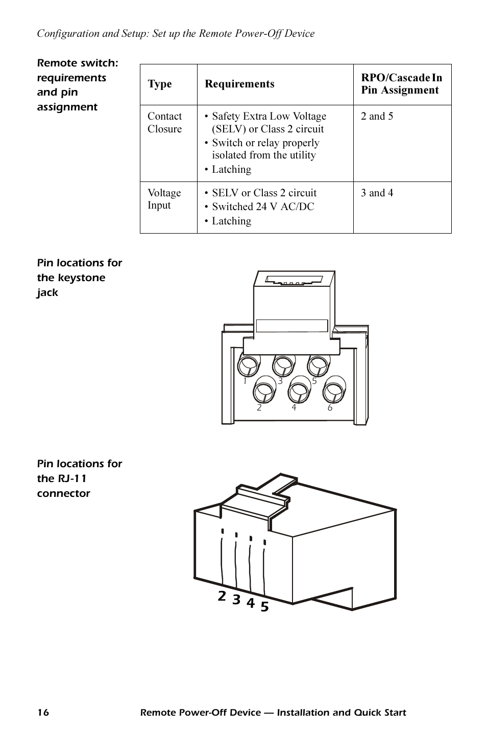 Remote switch: requirements and pin assignment, Pin locations for the keystone jack, Pin locations for the rj-11 connector | Remote switch: requirements and pin assignment 16, Pin locations for the rj -11 connector 16 | APC REMOTE POWER-OFF DEVICE AP9830 User Manual | Page 19 / 31