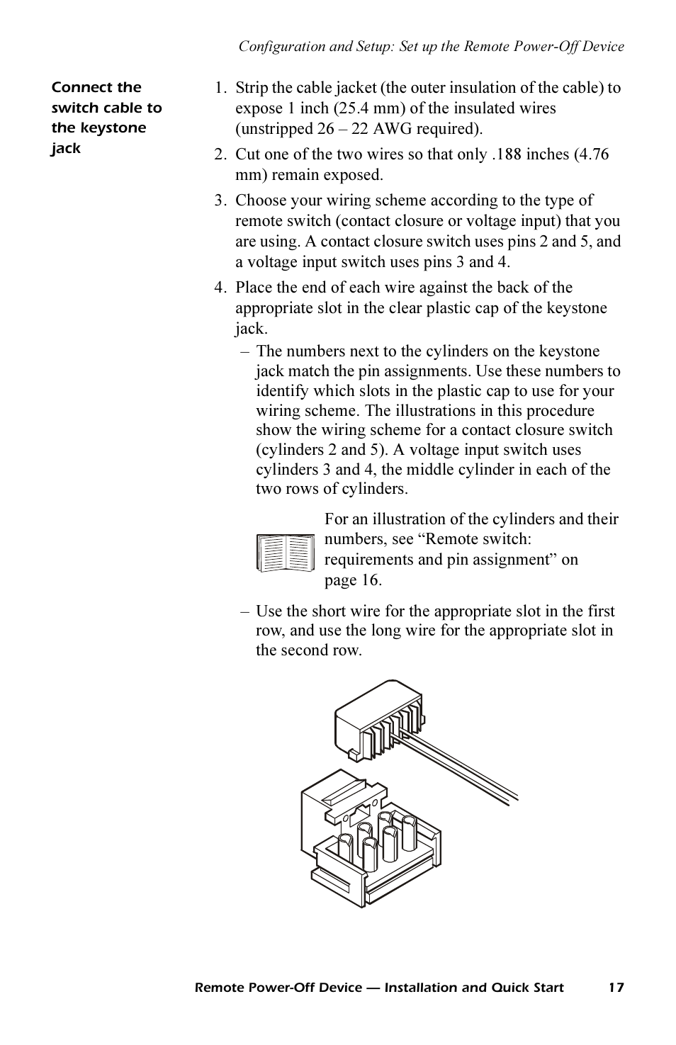 Connect the switch cable to the keystone jack, Connect the switch cable to the keystone jack 17 | APC REMOTE POWER-OFF DEVICE AP9830 User Manual | Page 20 / 31