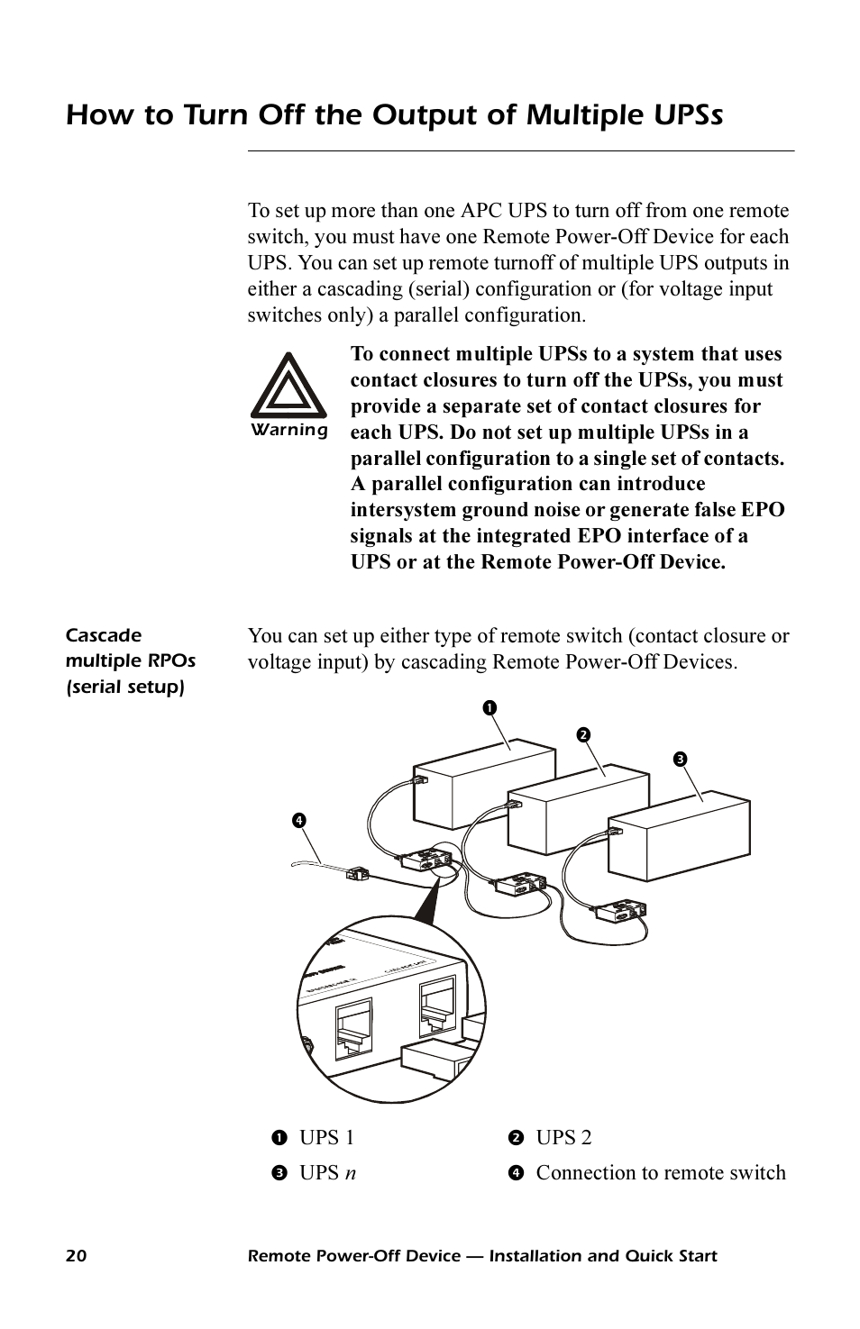 How to turn off the output of multiple upss, Cascade multiple rpos (serial setup) | APC REMOTE POWER-OFF DEVICE AP9830 User Manual | Page 23 / 31