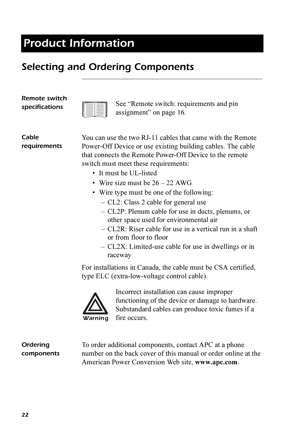 Product information, Selecting and ordering components, Remote switch specifications | Cable requirements, Ordering components, Product information 22, Remote switch specifications 22, Cable requirements 22, Ordering components 22 | APC REMOTE POWER-OFF DEVICE AP9830 User Manual | Page 25 / 31