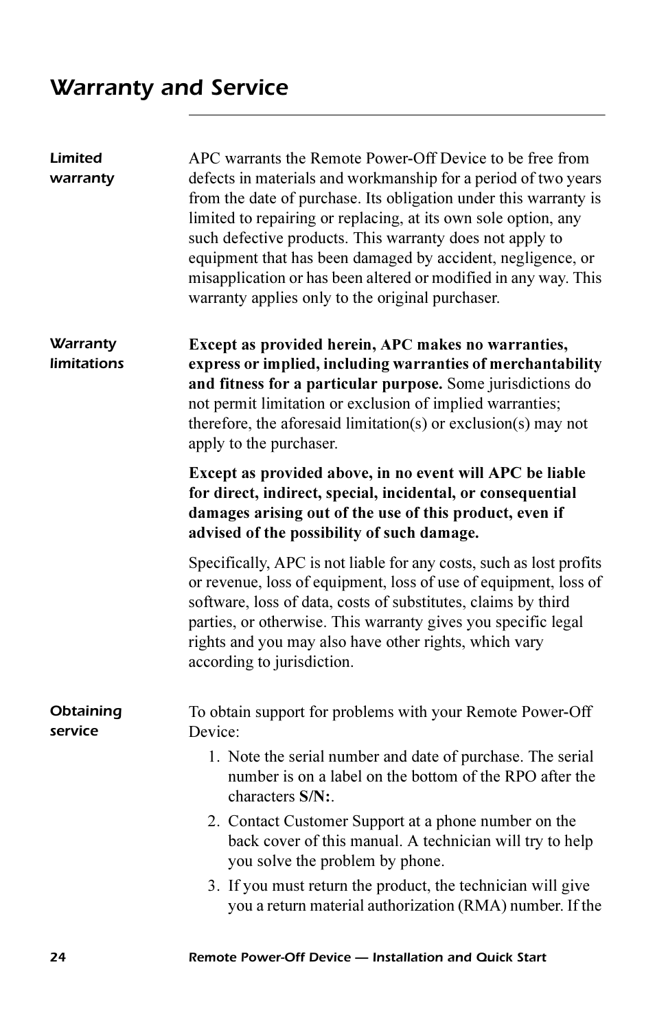 Warranty and service, Limited warranty, Warranty limitations | Obtaining service, Warranty limitations 24, Obtaining service 24 | APC REMOTE POWER-OFF DEVICE AP9830 User Manual | Page 27 / 31