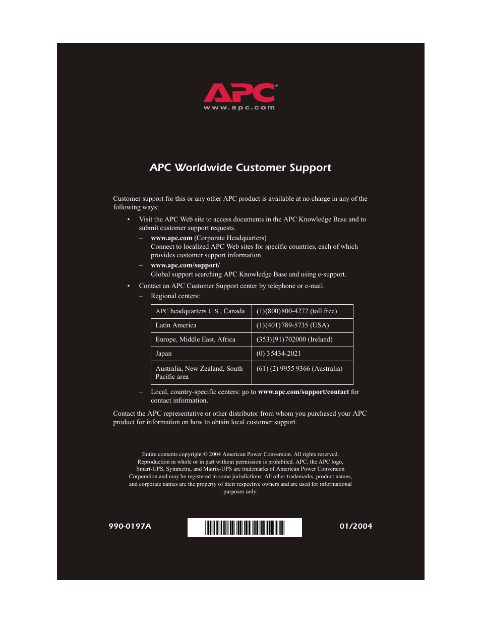 Apc worldwide customer support, 0197a | APC REMOTE POWER-OFF DEVICE AP9830 User Manual | Page 31 / 31