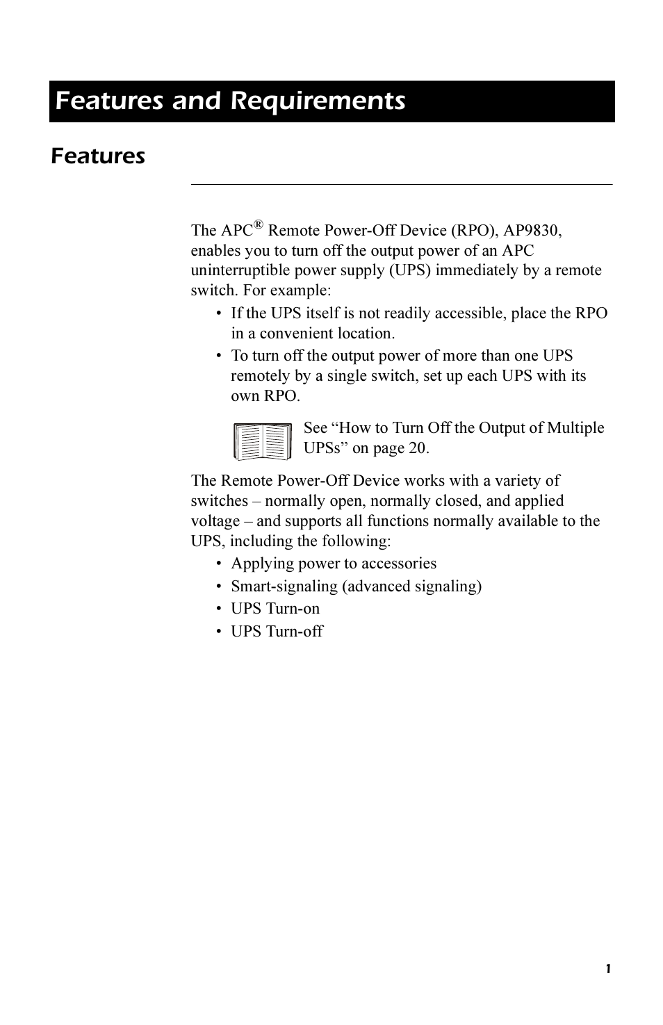 Features and requirements, Features, Features and requirements 1 | APC REMOTE POWER-OFF DEVICE AP9830 User Manual | Page 4 / 31