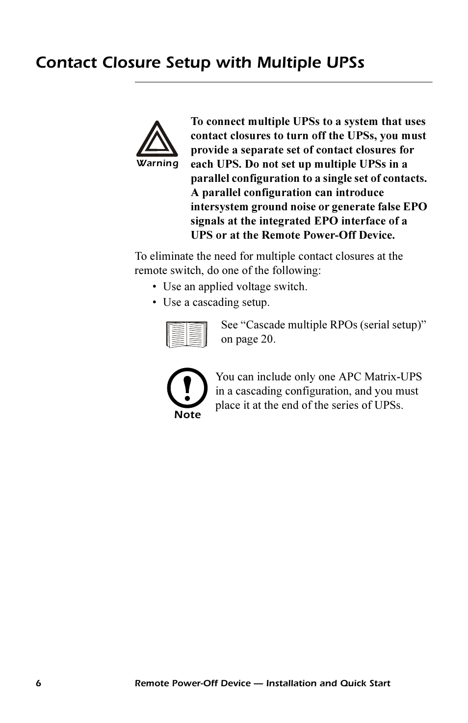 Contact closure setup with multiple upss | APC REMOTE POWER-OFF DEVICE AP9830 User Manual | Page 9 / 31